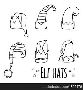 Set of cartoon black and white elf hats. Vector element for your creativity. Set of cartoon black and white elf hats