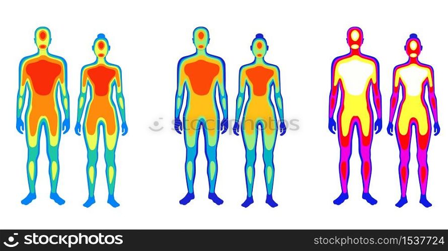 Set of cartoon body warmth thermogram man and woman vector flat illustration. Collection of couple infrared thermography isolated on white. Temperature torso area of bright spectrum human. Set of cartoon body warmth thermogram man and woman vector flat illustration
