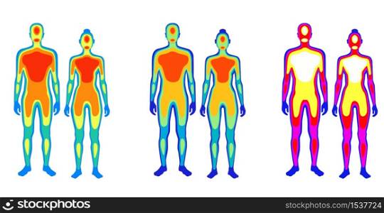 Set of cartoon body warmth thermogram man and woman vector flat illustration. Collection of couple infrared thermography isolated on white. Temperature torso area of bright spectrum human. Set of cartoon body warmth thermogram man and woman vector flat illustration