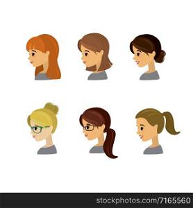 Set of Cartoon caucasian female profile avatars,isolated on white background,vector illustration