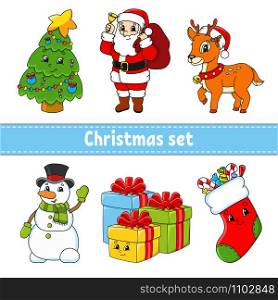 Set of cartoon characters. Christmas tree, santa claus, deer, snowman, gift boxes, sock with sweets. Happy New Year and Merry Christmas. Hand drawn. Color vector isolated illustration.