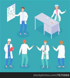 Set of cartoon characters, doctor with diagnosis, physician front back, nutritionist, laboratory assistant with flask near table, ophthalmologist with pointer near eye chart at turquoise background. Set of cartoon characters, doctor, physician, dietolog, laboratory assistant, ophthalmologist