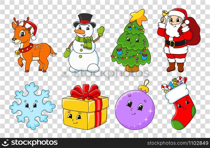 Set of cartoon characters. Fairytale tree, Santa Claus with gifts, cute deer, snowman, sock, snowflake, ball, gift. Happy New Year and Merry Christmas. Hand drawn. Color vector isolated illustration.