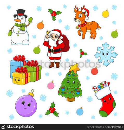 Set of cartoon characters. Happy Christmas tree, Santa Claus, deer, snowman, gift boxes, sock, snowflake, ball. New Year and Merry Christmas. Hand drawn. Color vector isolated illustration.