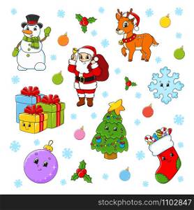 Set of cartoon characters. Happy Christmas tree, Santa Claus, deer, snowman, gift boxes, sock, snowflake, ball. New Year and Merry Christmas. Hand drawn. Color vector isolated illustration.