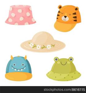 Set of cartoon children s summer hats. Collection of hats for boys and girls from the sun. Colorful vector illustration isolated on white background.. Set of cartoon children s summer hats. Collection of hats for boys and girls from the sun.
