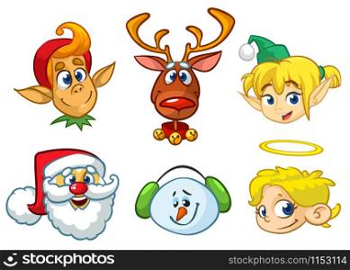 Set of cartoon Christmas characters. Vector cartoon head icons of Santa Claus, reindeer, elf, snowman and angel