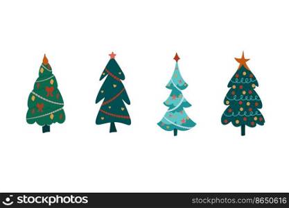 Set of cartoon Christmas trees, pines for greeting card, invitation, banner, web. New Years and xmas traditional symbol tree with garlands, light bulb, star. Winter holiday. Flat design, vector. Set of cartoon Christmas trees, pines for greeting card, invitation, banner, web. New Years and xmas traditional symbol tree with garlands, light bulb, star. Winter holiday. Flat design, vector.