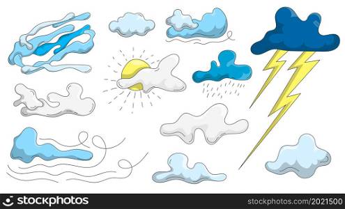 Set of cartoon clouds of different shapes. Hand drawn clouds, sun and weather patterns for illustration decoration. Isolated vector on white background