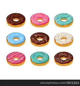 Set of cartoon colorful donuts isolated on white background. Donut isometric icon, concept unhealthy food, fast foods for menu design, cafe decoration, delivery box. vector illustration in flat style. Set of cartoon donuts