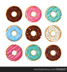 Set of cartoon colorful donuts isolated on white background. Top View Doughnuts collection into glaze for menu design, cafe decoration, delivery box. vector illustration in flat style. Set of cartoon donuts