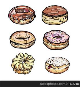 Set of cartoon colorful donuts isolated on white background.  . Set of cartoon colorful donuts 