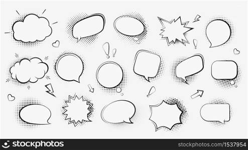 Set of cartoon comic cloud speech bubble and elements vintage pop art design isolated on white background. Collection of retro empty speak balloon pattern vector flat illustration. Set of cartoon comic cloud speech bubble and elements vintage pop art design isolated