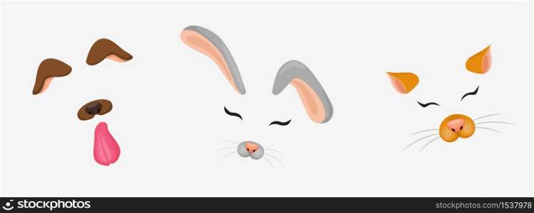 Set of cartoon cute animal face elements mask photo filter vector graphic illustration. Funny dog, bunny and cat carnival decoration items ears, noses, eyes and tongue isolated on white background. Set of cartoon cute animal face elements mask photo filter vector graphic illustration