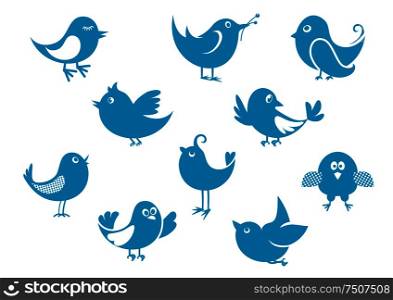 Set of cartoon cute little blue bird icons perched, flying and singing. Cute little cartoon bird icons