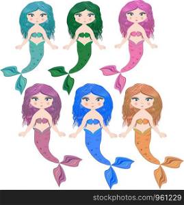 Set of cartoon, cute little mermaid, sea princess, siren, with long hair, open eyes and a forked tail. Cartoon beautiful little mermaid in a wreath. Siren. Sea theme. illustration on a white background.