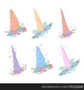 Set of cartoon different horns of a unicorn with flowers and sparkles. Vector element for your creativity. Set of cartoon different horns of a unicorn with flowers and sparkles.