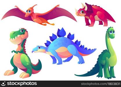 Set of cartoon dinosaurs stegosaurus, brontosaurus, tyrannosaurus rex and pterodactyl with triceratops prehistoric animals, Jurassic era creatures isolated on white background, Vector illustration. Set of cartoon dinosaurs prehistoric animals.