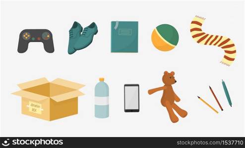 Set of cartoon donation box with different type of donations isolated on white background. Collection of charity give aid toys, clothes, shoes, drink vector graphic illustration. Set of cartoon donation box with different type of donations isolated on white background