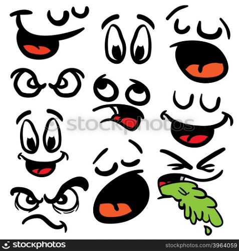 set of cartoon eyes and mouths isolated on white