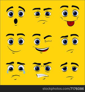 set of cartoon faces with emotions, vector illustration. set of cartoon faces with emotions, vector