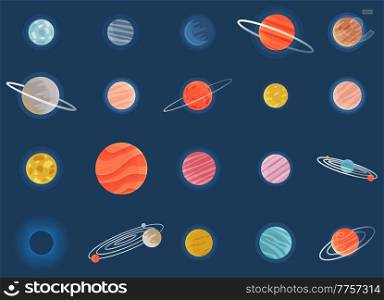Set of cartoon fantastic planet on dark blue space background. Collection of cosmic objects different colors with orbits. Space game element flat vector objects round shape with light rings. Set of cartoon fantastic planet on dark blue space background. Collection of cosmic objects
