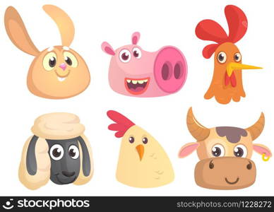 Set of cartoon farm animals head icons. Vector collection of farm domestic animals. Rabbit, pig, rooster, sheep, chicken, cow. Design elements isolated.