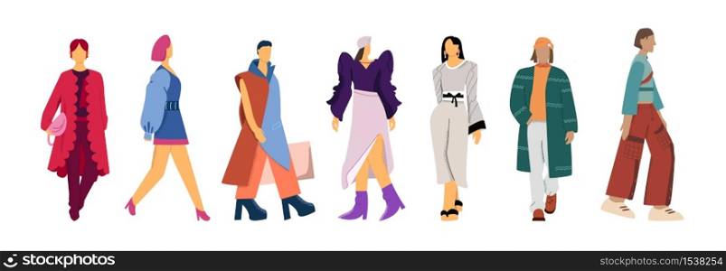Set of cartoon fashion models clothes presentation vector flat illustration. Collection of female and male character posing in trendy clothing isolated on white background big limbs style. Set of cartoon fashion models clothes presentation vector flat illustration