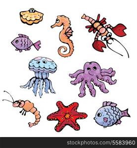 set of cartoon fish, shell, seahorse, craw fish, crayfish, jellyfish,sea star, shrimp, prawn, octopus.