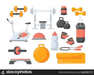 Set of cartoon fitness equipment flat vector illustration. Collection of different gym exercisers as kettlebell, exercise ball, dumbbells, skipping rope. Sport, workout, pilates, training concept