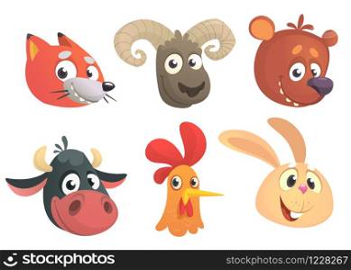 Set of cartoon forest animals head icons. Vector collection of forest wild animals characters. Fox, sheep, bear, cow, rooster or chicken, rabbit. Design elements isolated.