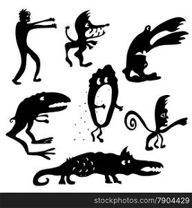 Set of Cartoon funny black monsters silhouettes. Night fears