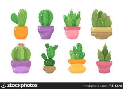 Set of cartoon green prickly cute cacti Royalty Free Vector
