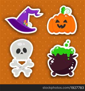 Set of cartoon Halloween stickers. Pumpkin, skull with crossed bones, potion cauldron and witch hat. Vector illustration. Set of cartoon Halloween stickers. Pumpkin, skull with crossed bones, potion cauldron and witch hat. Vector illustration.