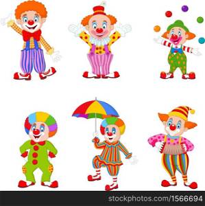 Set of cartoon happy clowns in different actions