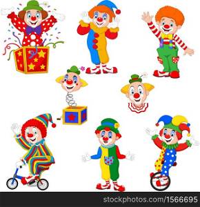 Set of cartoon happy clowns in different poses