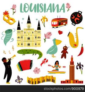 Set of cartoon icons, elements of Louisiana state. Famous places, people, animals flowers monuments. Set of cartoon icons, elements of Louisiana state