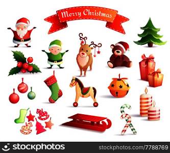Set of cartoon icons with christmas decorations including santa, year tree, gifts, animals, candles isolated vector illustration. Christmas Cartoon Icons Set