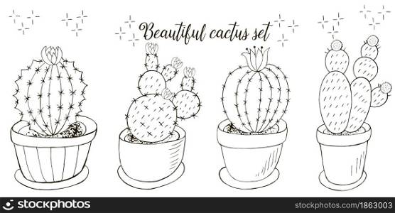 Set of cartoon images of cacti in flower pots. Cacti, aloe, succulents. Collection Decorative monochrome elements. Set of cartoon images of cacti. Cacti, aloe, succulents. Collection Decorative natural elements