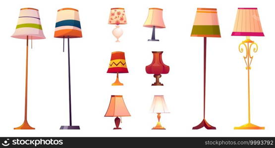 Set of cartoon l&s, floor and table torcheres with different l&shades on long and short stands. Design element for home illumination and decor isolated on white background, vector illustration. Set of cartoon l&s, floor and table torcheres