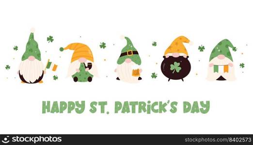 Set of cartoon leprechauns, gnomes in hats, with traditional holiday symbols. Funny Irish characters on white background. Greeting banner for St Patrick&rsquo;s Day. Set of cartoon leprechauns, gnomes in hats, with traditional holiday symbols. Funny Irish characters on white background