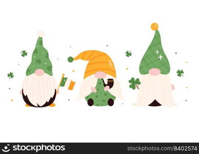 Set of cartoon leprechauns, gnomes in hats, with traditional holiday symbols. Funny Irish characters on white background. Greeting banner for St Patrick’s Day. Set of cartoon leprechauns, gnomes in hats, with traditional holiday symbols. Funny Irish characters on white background