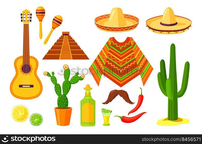Set of cartoon Mexican traditional symbols. Flat vector illustration. Colorful collection of cacti, sombrero, maracas, guitar, poncho, maracas, pepper, pyramid. Culture, travel, Mexica concept