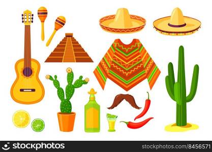 Set of cartoon Mexican traditional symbols. Flat vector illustration. Colorful collection of cacti, sombrero, maracas, guitar, poncho, maracas, pepper, pyramid. Culture, travel, Mexica concept