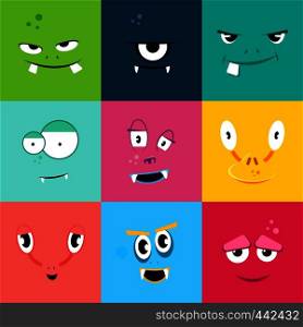 Set of cartoon monsters faces with different emotions. Colored flat monster face characters, vector illustration. Set of cartoon monsters faces with different emotions