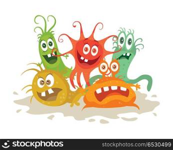 Set of Cartoon Monsters. Funny Smiling Germs.. Set of cartoon monsters. Funny smiling germs. Character with big eyes. Microorganism bacterias with tooth, hands, open mouth. Vector funny illustration in flat design. Friendly viruses. Microbe faces
