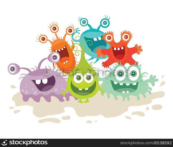 Set of Cartoon Monsters. Funny Smiling Germs.. Set of cartoon monsters. Funny smiling germs. Character with big eyes. Microorganism bacterias with tooth, hands, open mouth. Vector funny illustration in flat design. Friendly viruses. Microbe faces