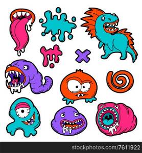 Set of cartoon monsters. Urban colorful teenage creative illustration. Evil creatures in modern comic style.. Set of cartoon monsters.