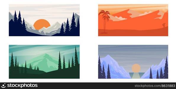 Set of cartoon mountain landscape in flat style. Mountain landscape with fir trees. Design element for poster, card, banner, flyer. Vector illustration