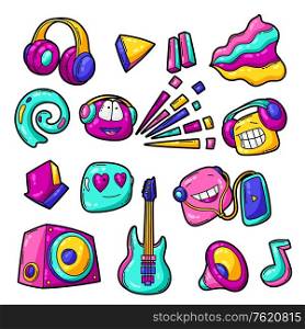 Set of cartoon musical items. Music party colorful teenage creative illustration. Fashion symbol in modern comic style.. Set of cartoon musical items. Music party colorful teenage creative illustration.